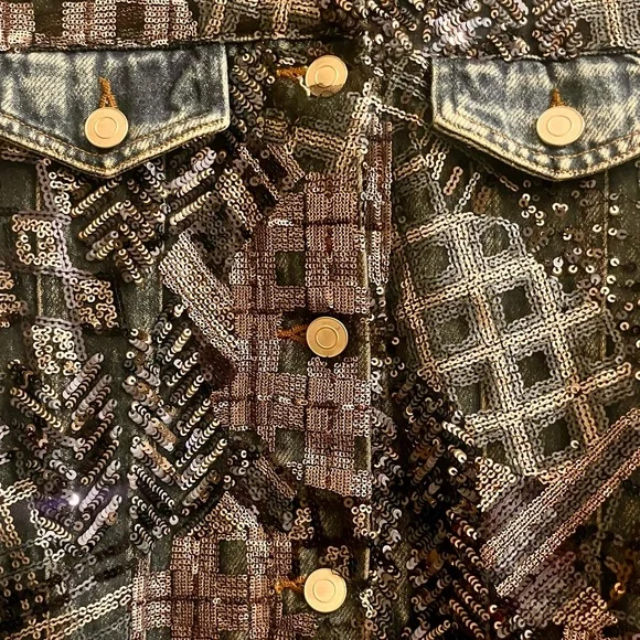 nwt 🆕 denim moto jacket with abstract plaid sequins - Picture 14 of 16